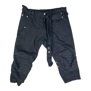 Psylo Men's Euro 44 (L) Black Cropped Short Pants Linen Blend Ethno-Punk